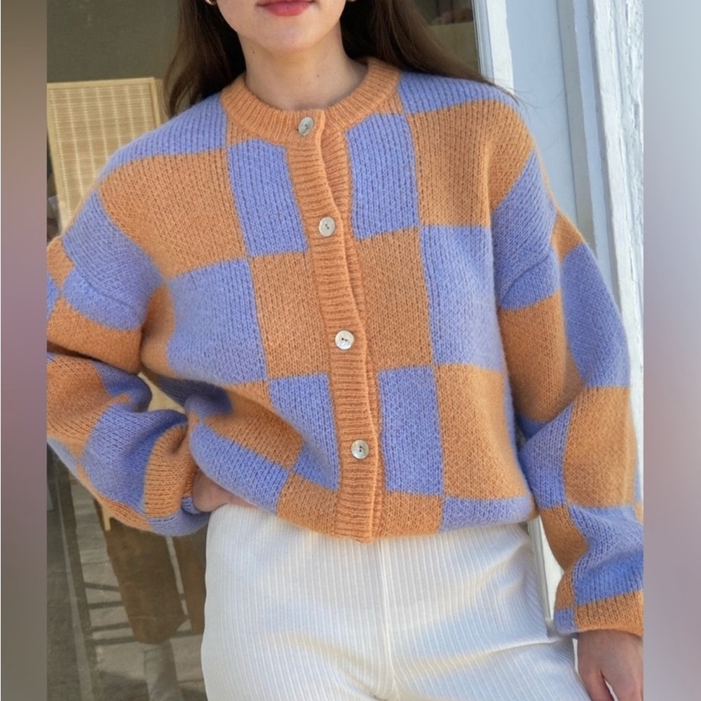 STINE GOYA Designer Check Cardigan Scandinavian Knit Orange Purple Size M - Picture 2 of 10